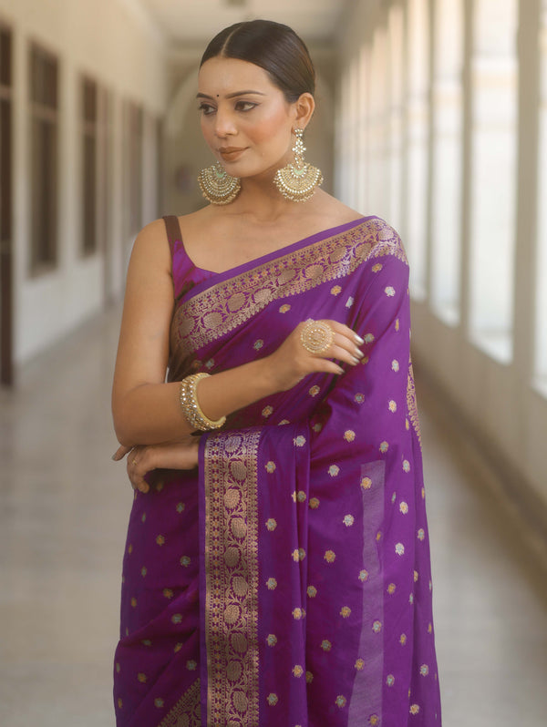 Banarasee Handwoven Semi Silk Saree With Zari Buti Design-Violet