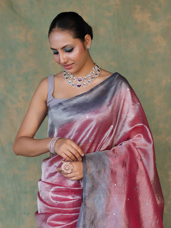 Banarasee Handwoven Crushed Tissue Saree With Mirror Work & Contrast Border-Onion Pink
