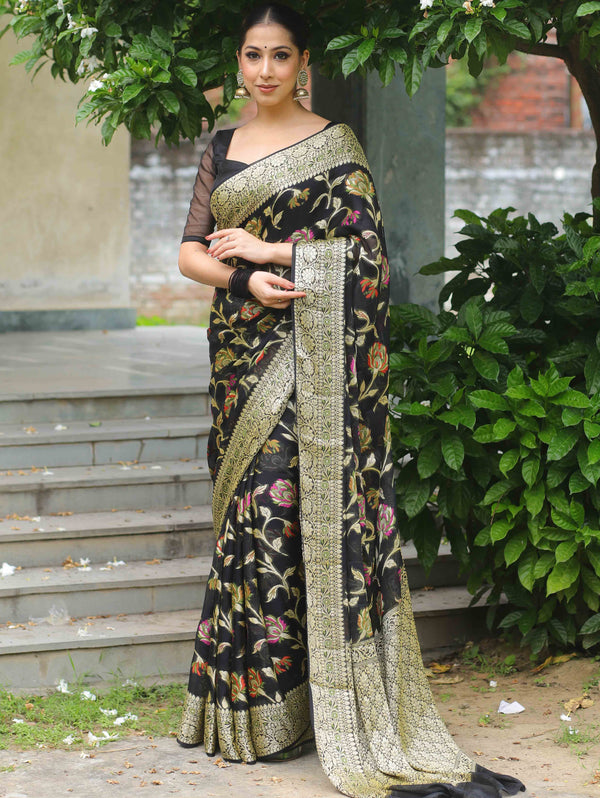 Banarasee Pure Handloom Muga Silk Saree With Zari & Gold Weaving-Black