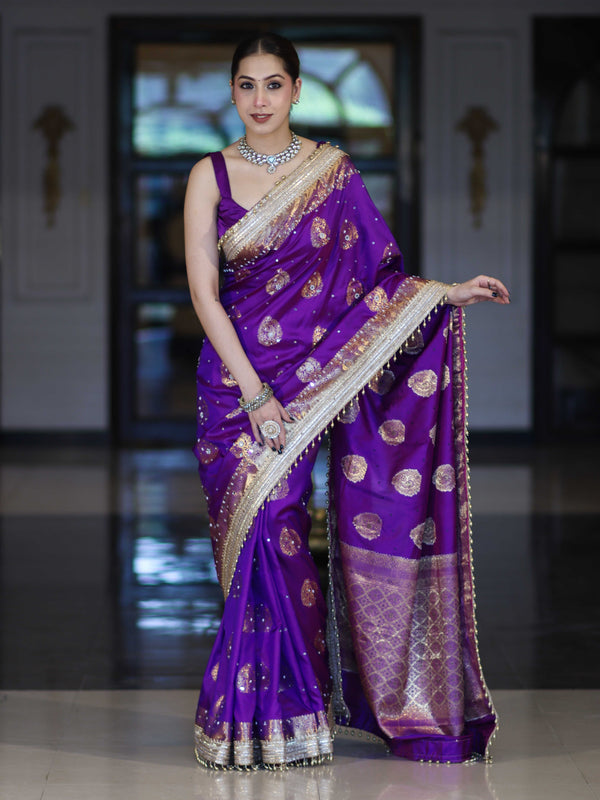 Banarasee Soft Silk Saree With Hand Embroidered Mirror Work Pearl Motifs & Zari Woven Design-Violet