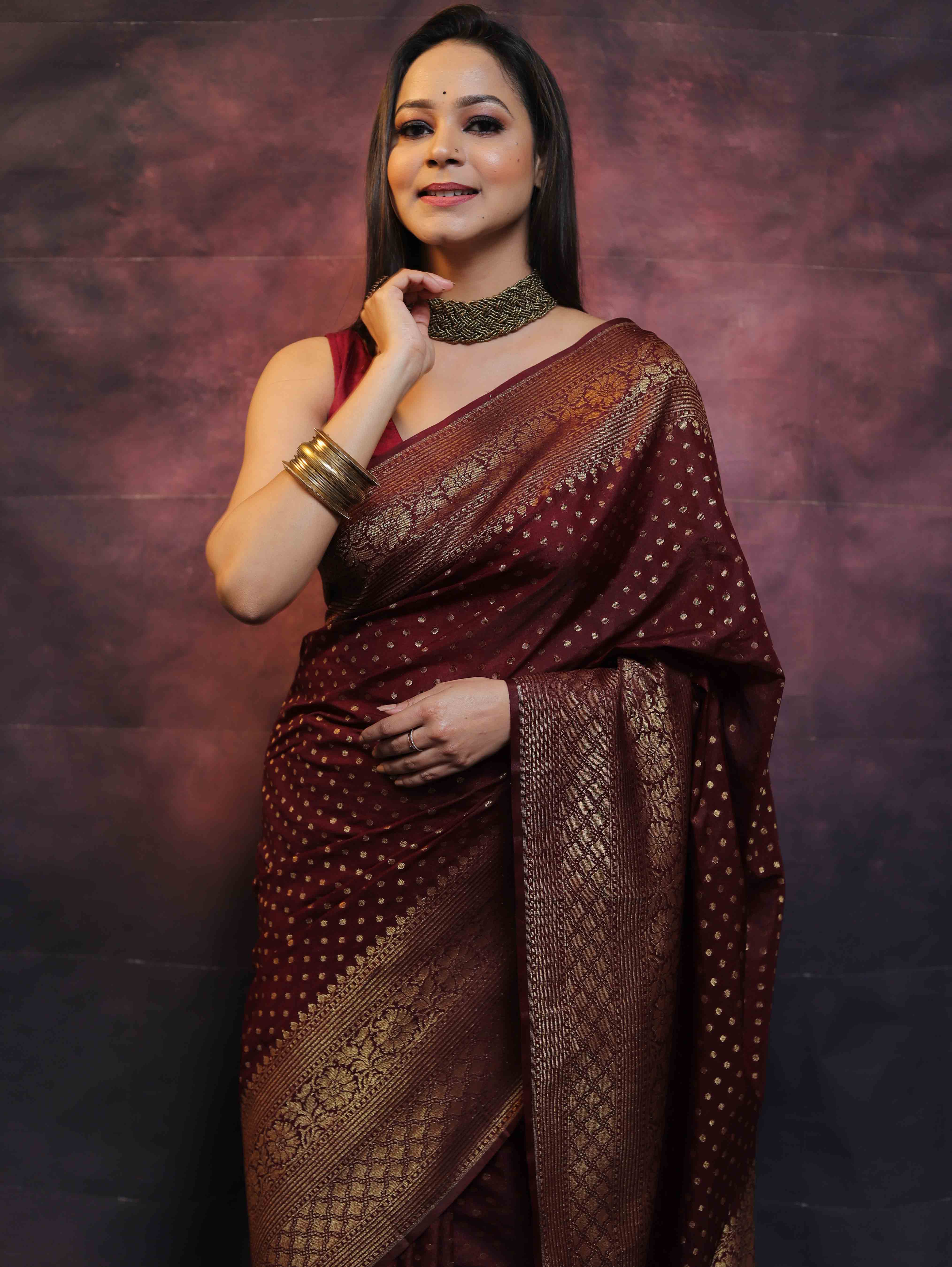 Banarasee Semi-Chiffon Saree With Antique Gold Zari Work-Maroon