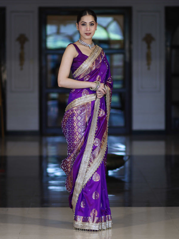 Banarasee Soft Silk Saree With Hand Embroidered Mirror Work Pearl Motifs & Zari Woven Design-Violet
