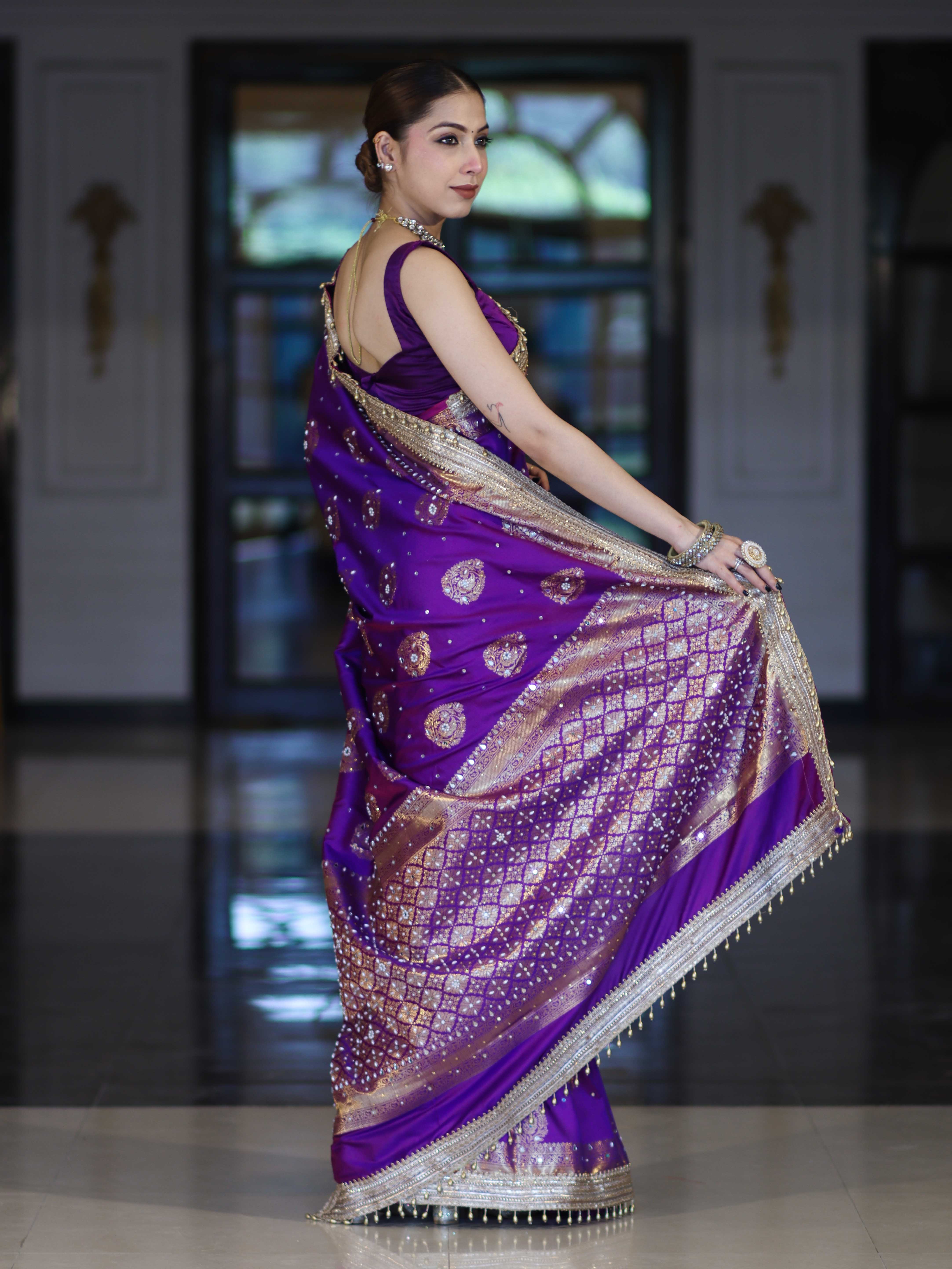 Banarasee Soft Silk Saree With Hand Embroidered Mirror Work Pearl Motifs & Zari Woven Design-Violet