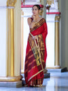 Banarasee Handloom Semi Silk Plain Saree With Contrast Border & Lace-Red