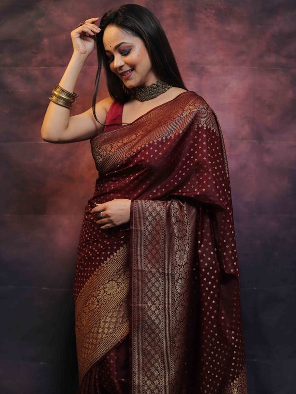 Banarasee Semi-Chiffon Saree With Antique Gold Zari Work-Maroon