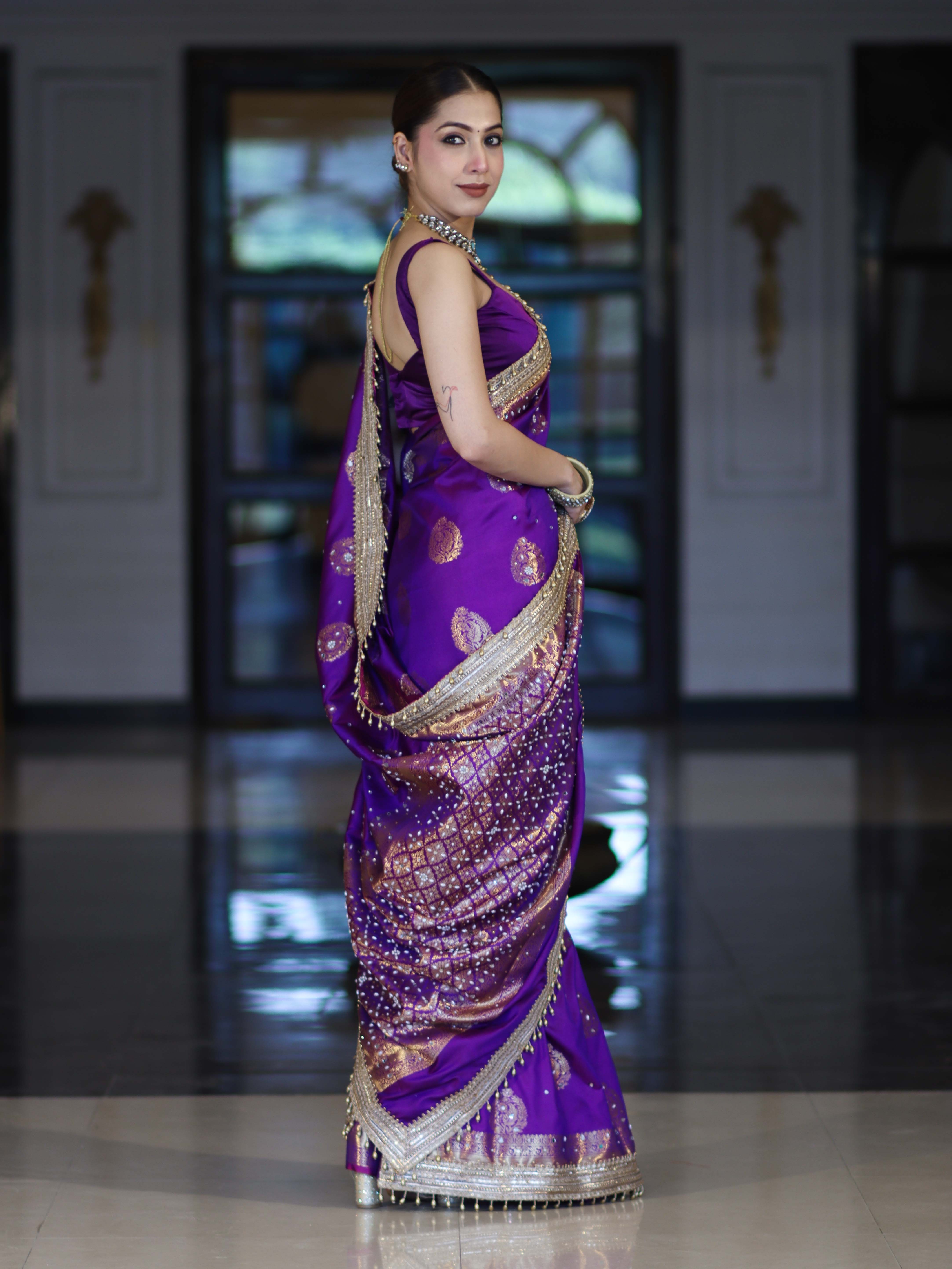 Banarasee Soft Silk Saree With Hand Embroidered Mirror Work Pearl Motifs & Zari Woven Design-Violet