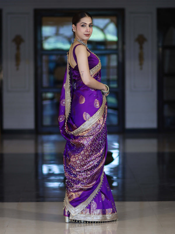 Banarasee Soft Silk Saree With Hand Embroidered Mirror Work Pearl Motifs & Zari Woven Design-Violet
