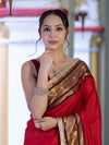 Banarasee Handloom Semi Silk Plain Saree With Contrast Border & Lace-Red