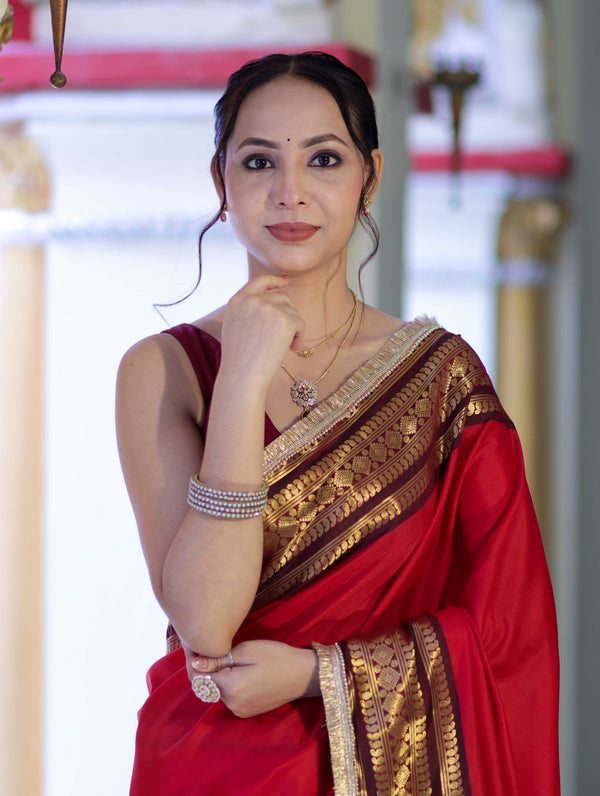 Banarasee Handloom Semi Silk Plain Saree With Contrast Border & Lace-Red