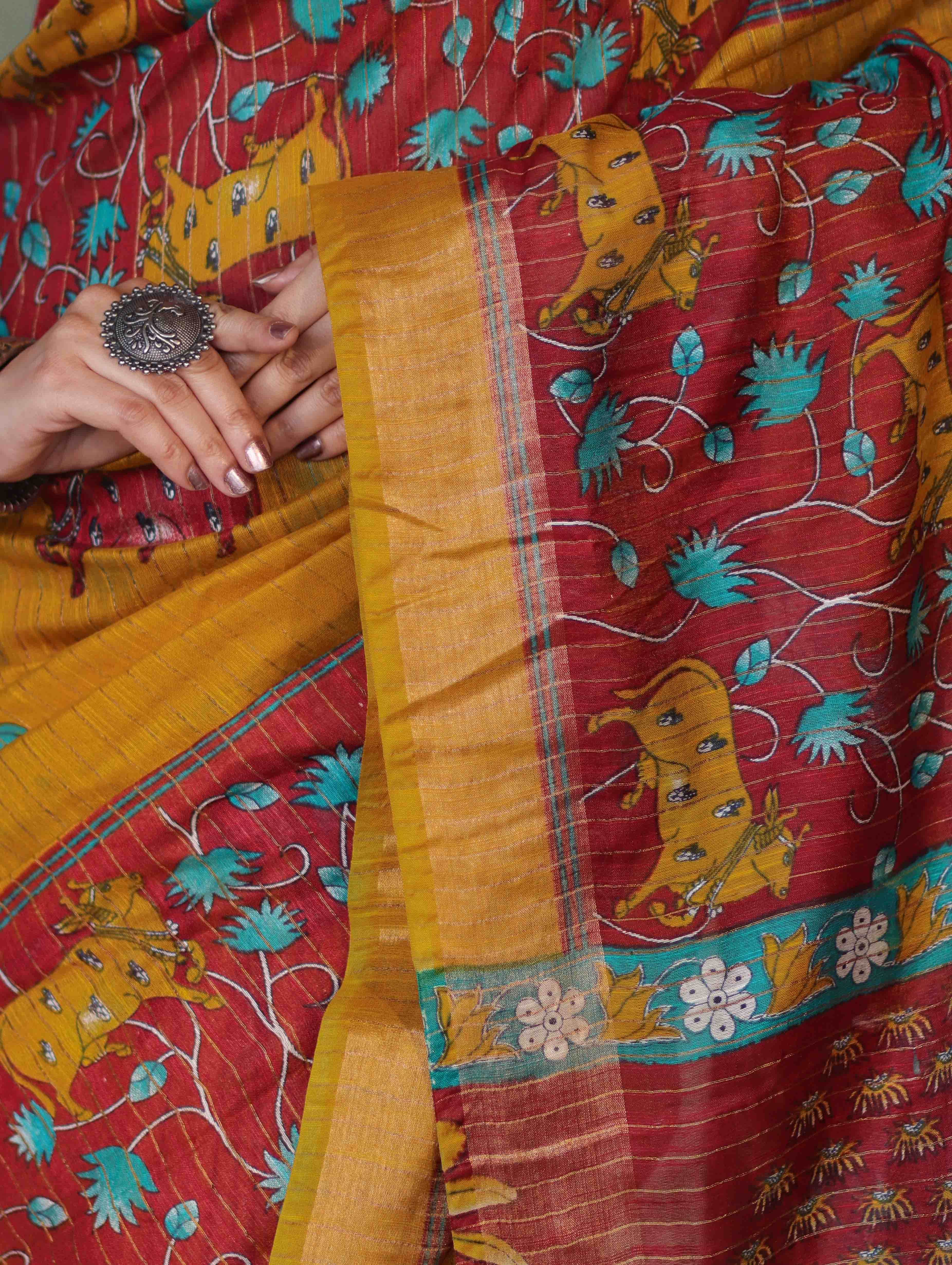 Bhagalpur Cotton Silk Ghichha Work Saree With Madhubani Print-Maroon & Mustard Yellow