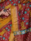 Bhagalpur Cotton Silk Ghichha Work Saree With Madhubani Print-Maroon & Mustard Yellow