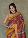 Bhagalpur Cotton Silk Ghichha Work Saree With Madhubani Print-Maroon & Mustard Yellow