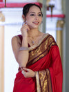 Banarasee Handloom Semi Silk Plain Saree With Contrast Border & Lace-Red