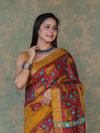 Bhagalpur Cotton Silk Ghichha Work Saree With Madhubani Print-Maroon & Mustard Yellow