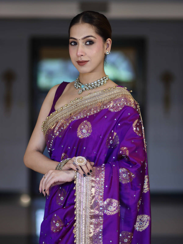 Banarasee Soft Silk Saree With Hand Embroidered Mirror Work Pearl Motifs & Zari Woven Design-Violet