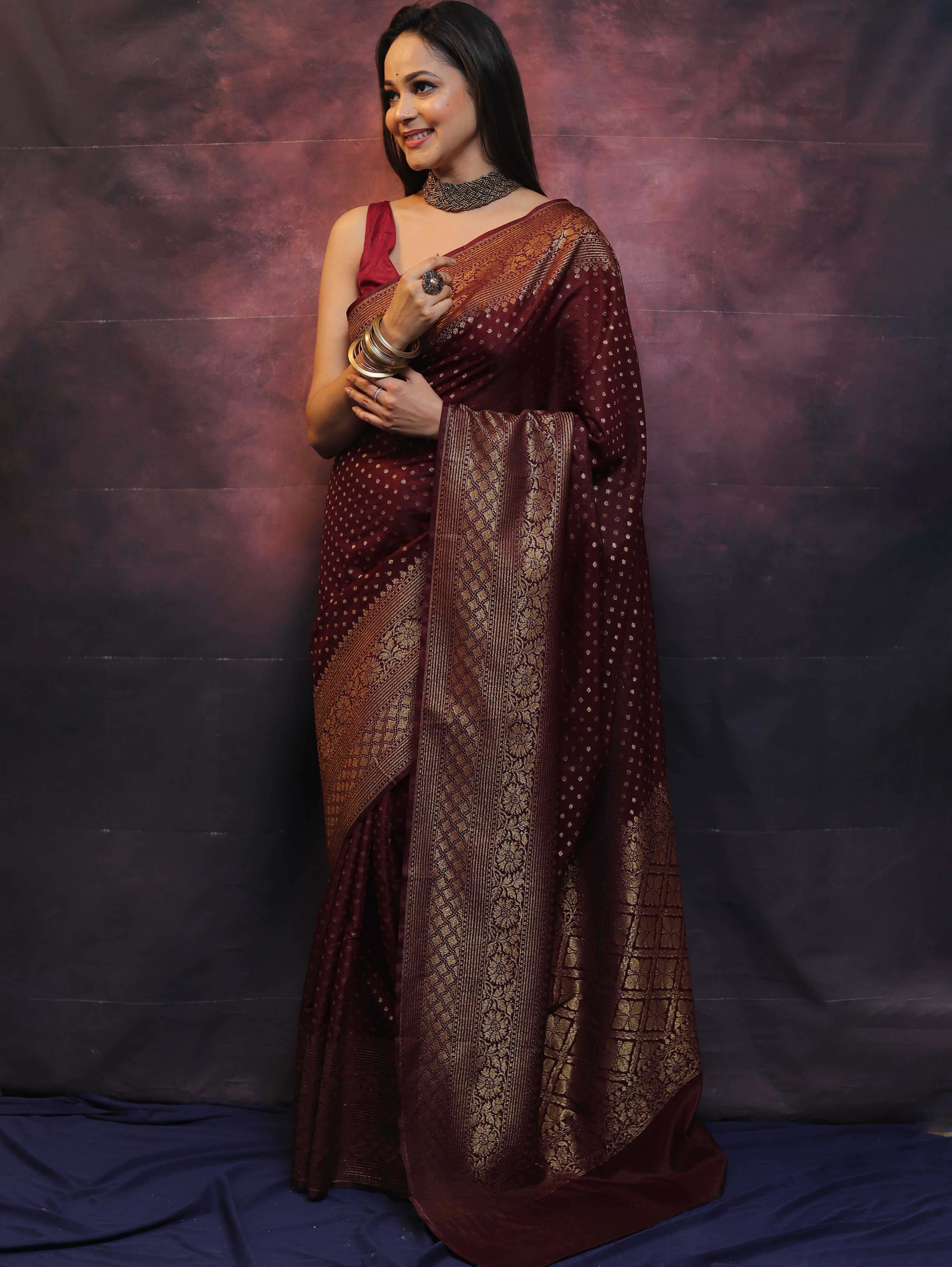 Banarasee Semi-Chiffon Saree With Antique Gold Zari Work-Maroon