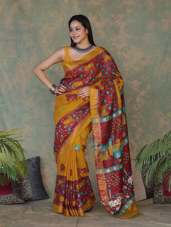 Bhagalpur Cotton Silk Ghichha Work Saree With Madhubani Print-Maroon & Mustard Yellow