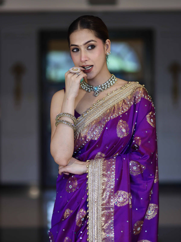Banarasee Soft Silk Saree With Hand Embroidered Mirror Work Pearl Motifs & Zari Woven Design-Violet