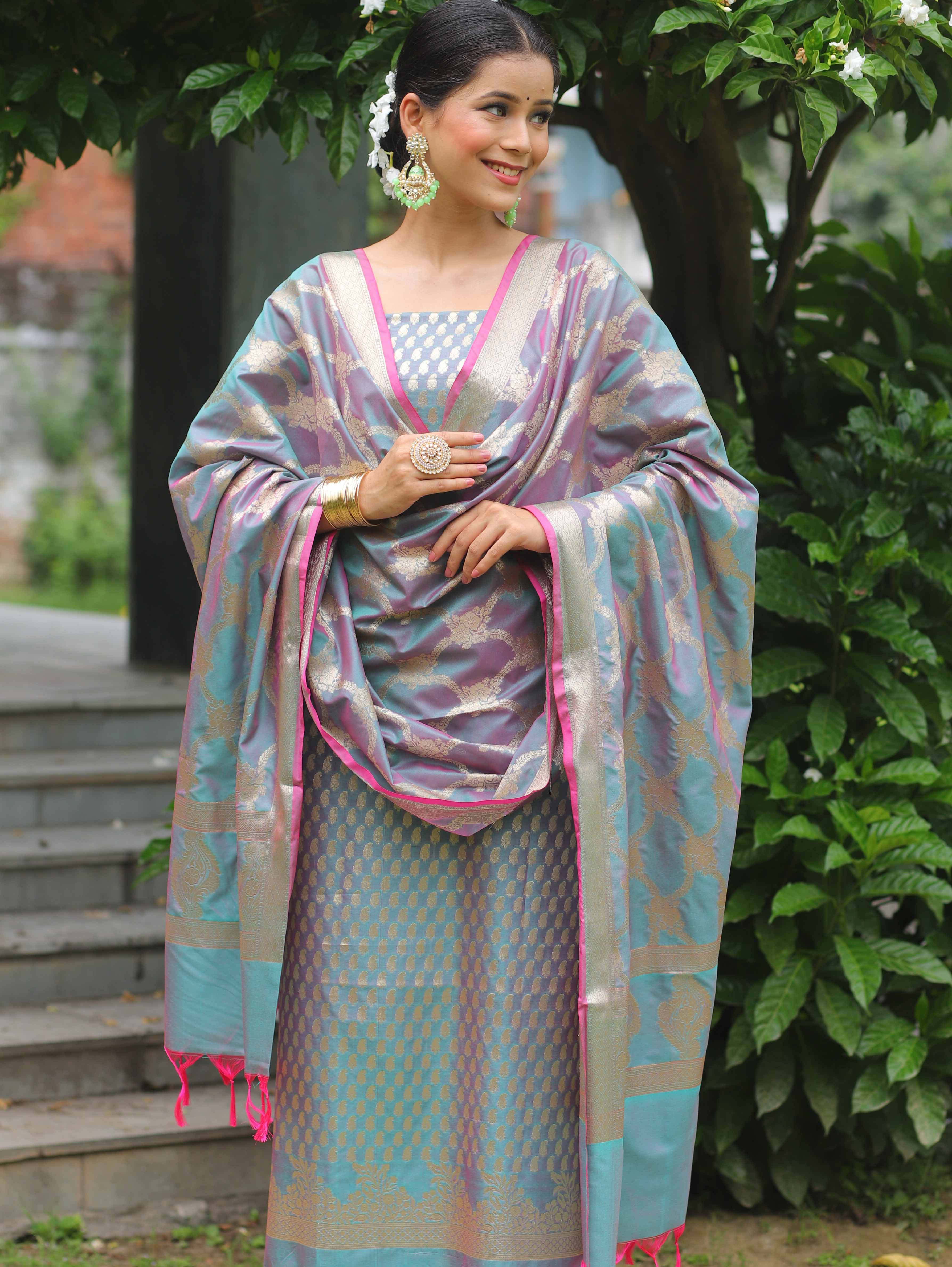 Banarasee Salwar Kameez Semi Katan Silk Fabric With Zari Work-Grey (Pink Tone)