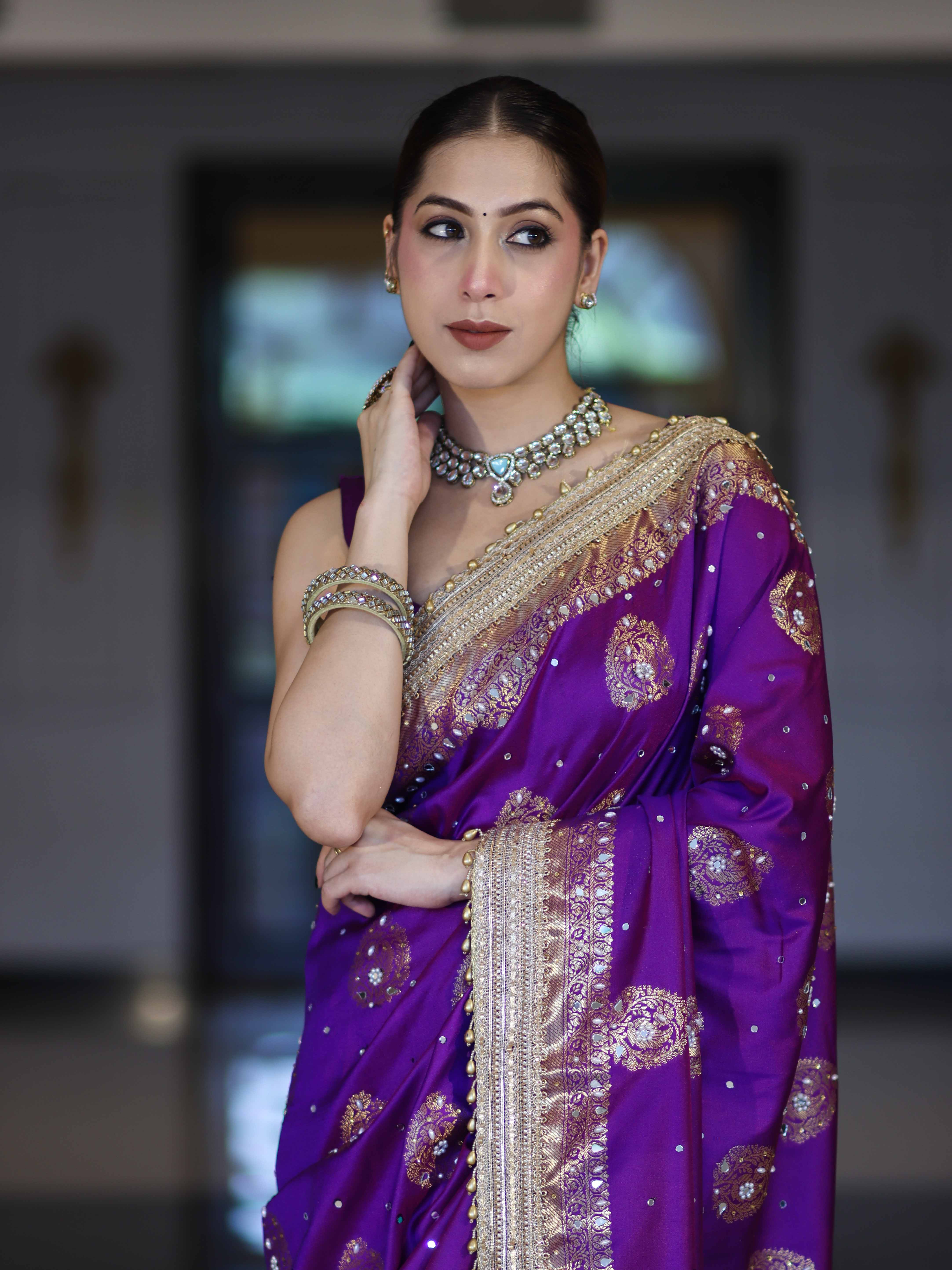 Banarasee Soft Silk Saree With Hand Embroidered Mirror Work Pearl Motifs & Zari Woven Design-Violet