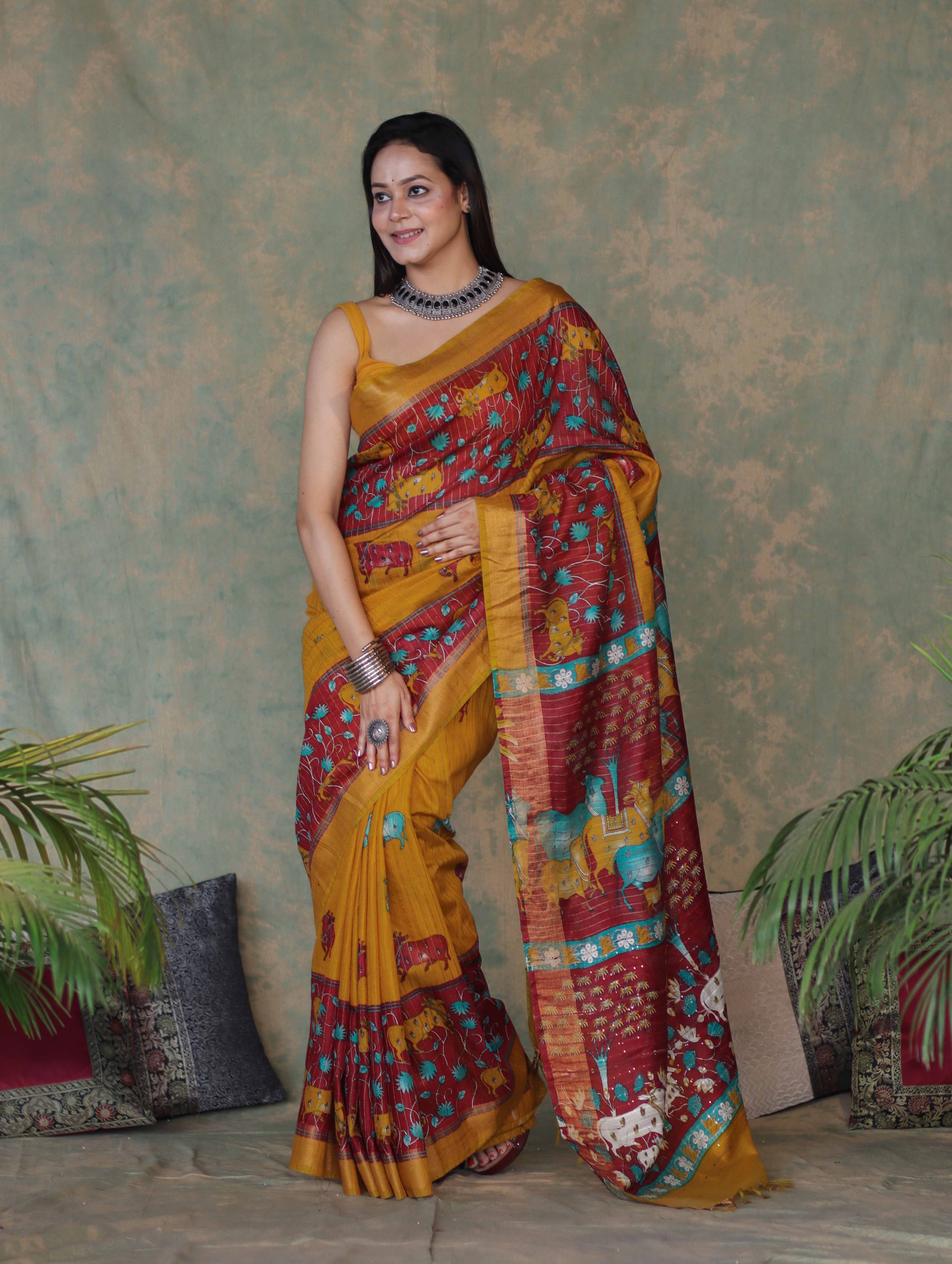Bhagalpur Cotton Silk Ghichha Work Saree With Madhubani Print-Maroon & Mustard Yellow
