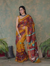 Bhagalpur Cotton Silk Ghichha Work Saree With Madhubani Print-Maroon & Mustard Yellow