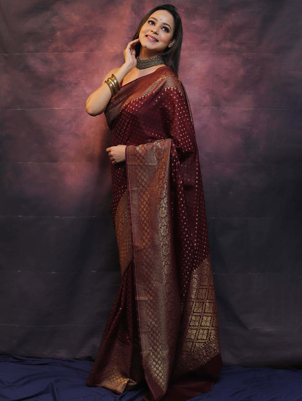 Banarasee Semi-Chiffon Saree With Antique Gold Zari Work-Maroon