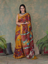 Bhagalpur Cotton Silk Ghichha Work Saree With Madhubani Print-Maroon & Mustard Yellow