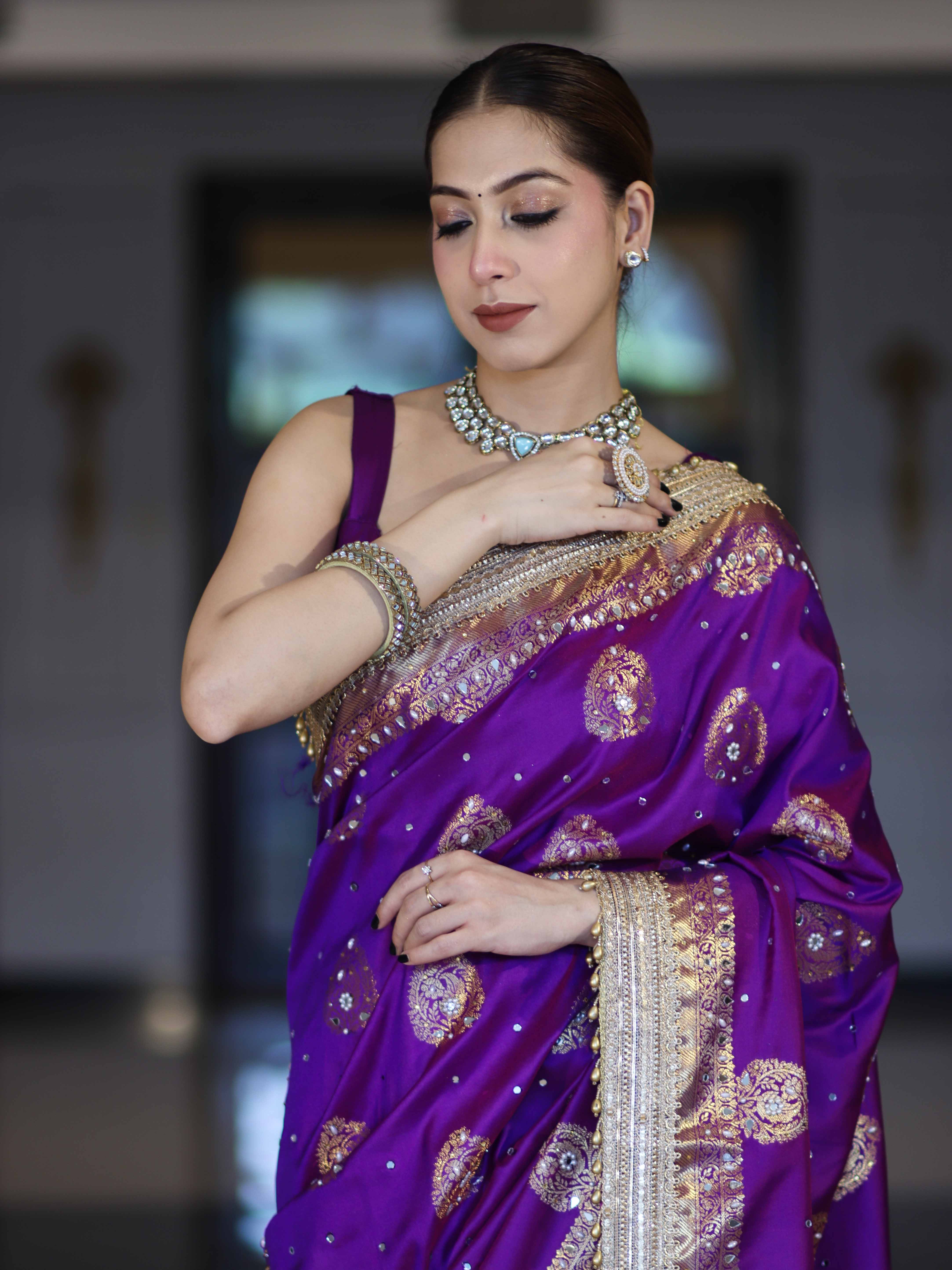 Banarasee Soft Silk Saree With Hand Embroidered Mirror Work Pearl Motifs & Zari Woven Design-Violet