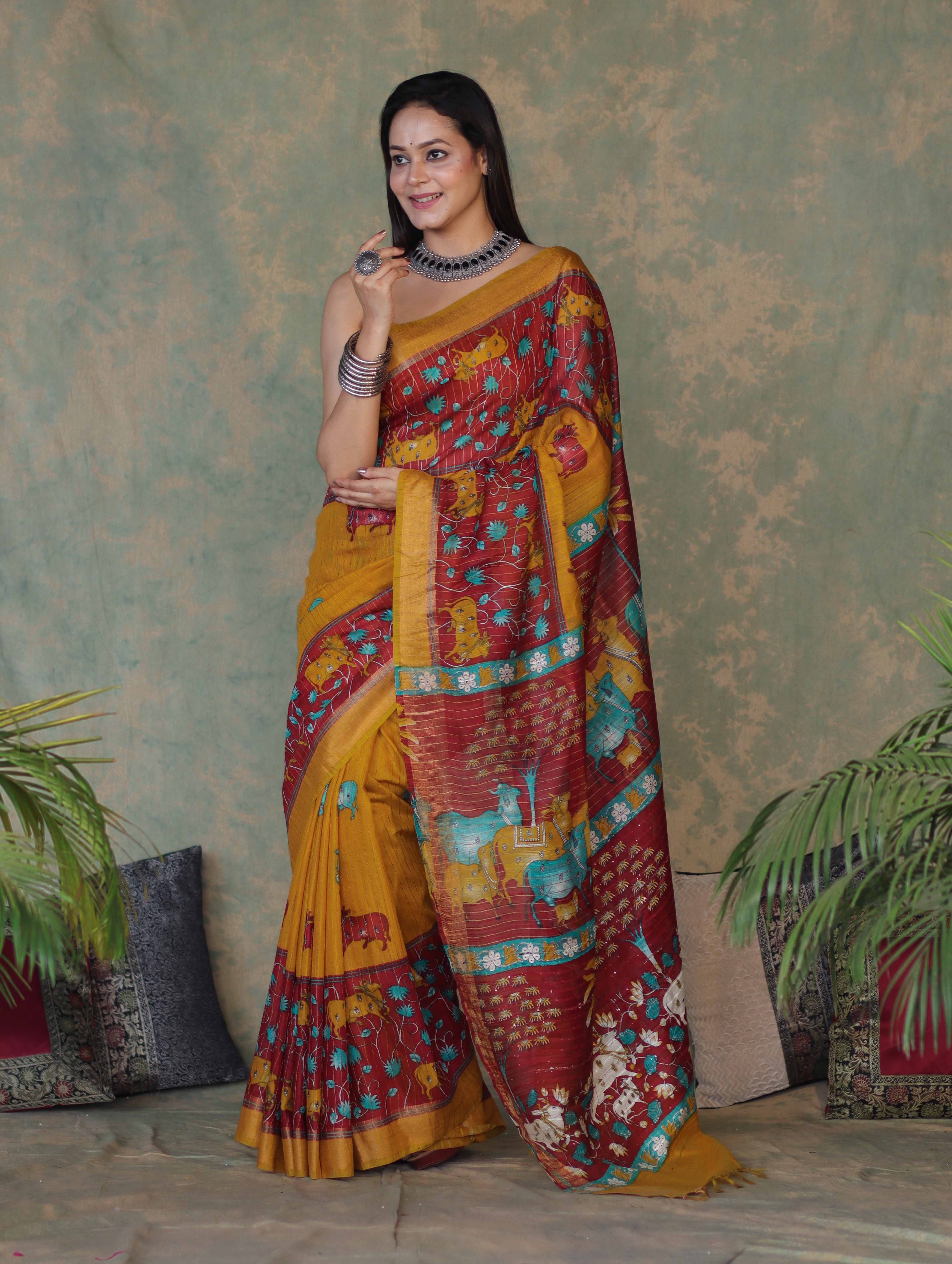 Bhagalpur Cotton Silk Ghichha Work Saree With Madhubani Print-Maroon & Mustard Yellow