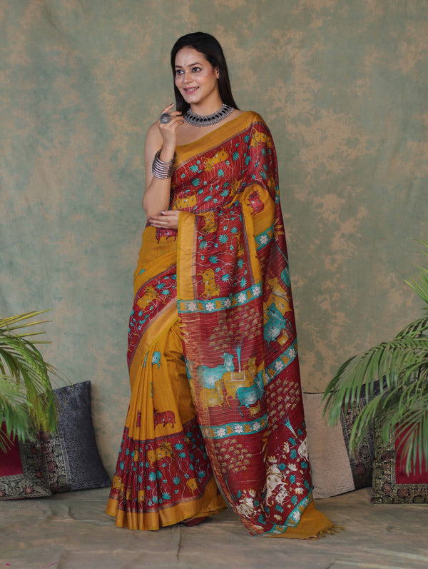 Bhagalpur Cotton Silk Ghichha Work Saree With Madhubani Print-Maroon & Mustard Yellow
