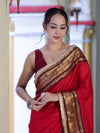 Banarasee Handloom Semi Silk Plain Saree With Contrast Border & Lace-Red
