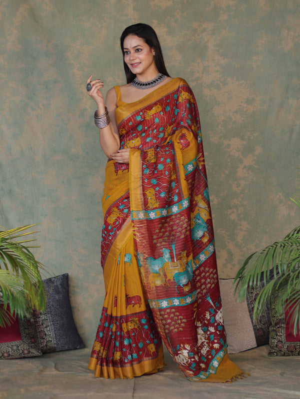 Bhagalpur Cotton Silk Ghichha Work Saree With Madhubani Print-Maroon & Mustard Yellow