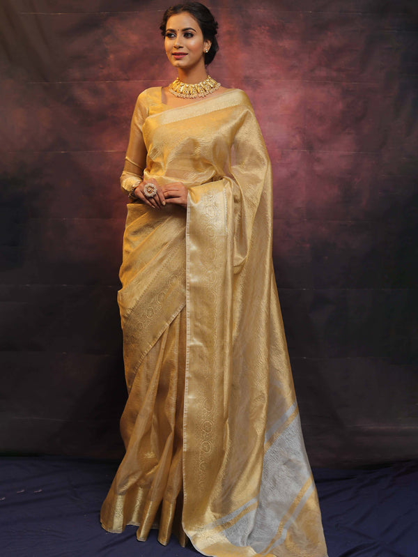 Banarasee Handwoven Crushed Tissue Zari Border Saree-Gold