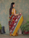 Bhagalpur Cotton Silk Ghichha Work Saree With Madhubani Print-Maroon & Mustard Yellow