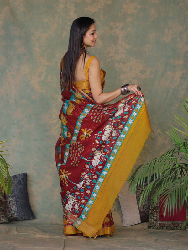 Bhagalpur Cotton Silk Ghichha Work Saree With Madhubani Print-Maroon & Mustard Yellow