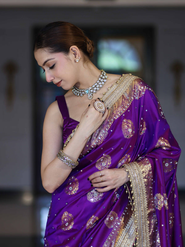 Banarasee Soft Silk Saree With Hand Embroidered Mirror Work Pearl Motifs & Zari Woven Design-Violet