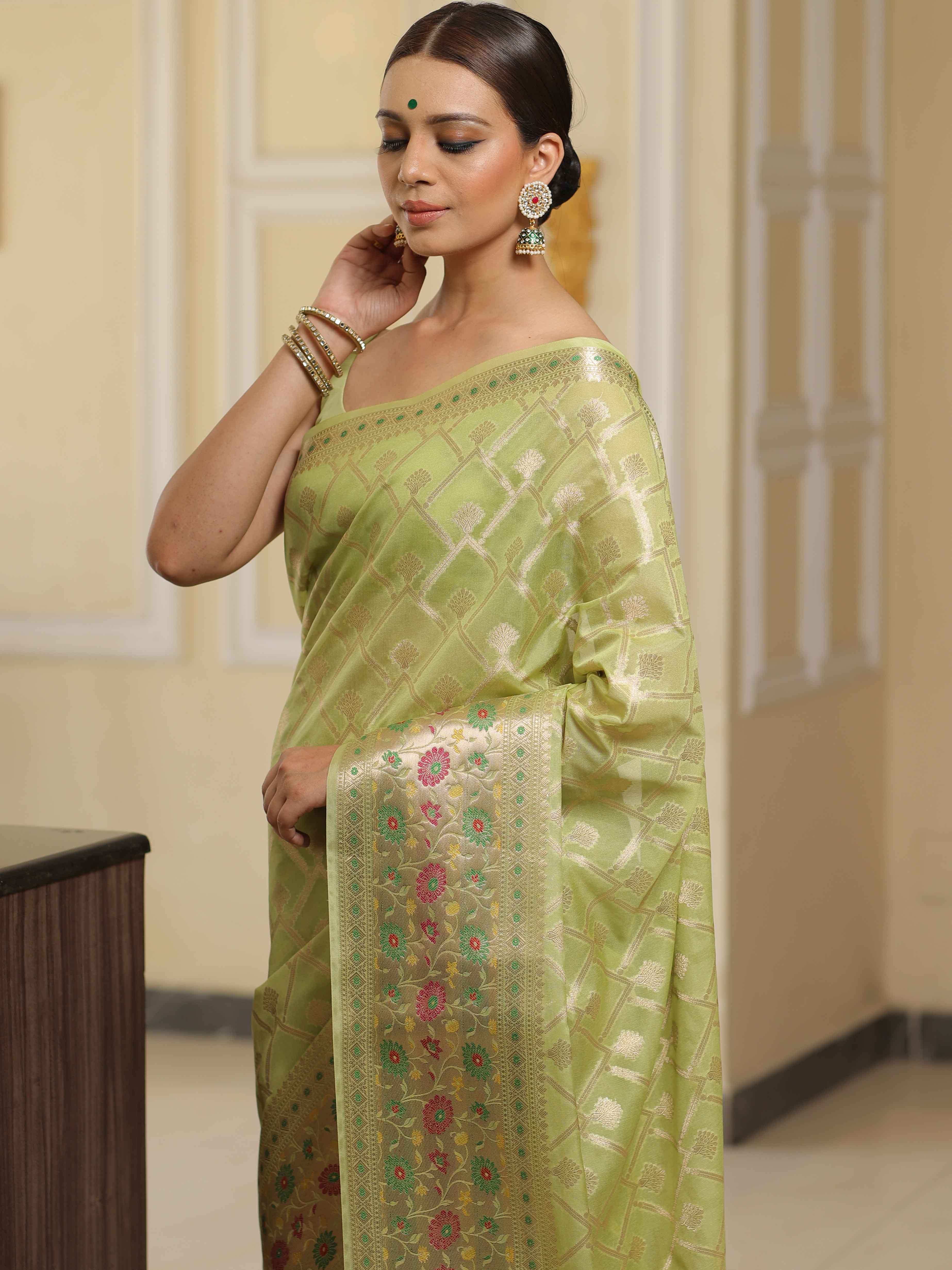 Banarasee Faux Georgette Saree With Gold Zari Jaal & Meena Border-Pastel Green