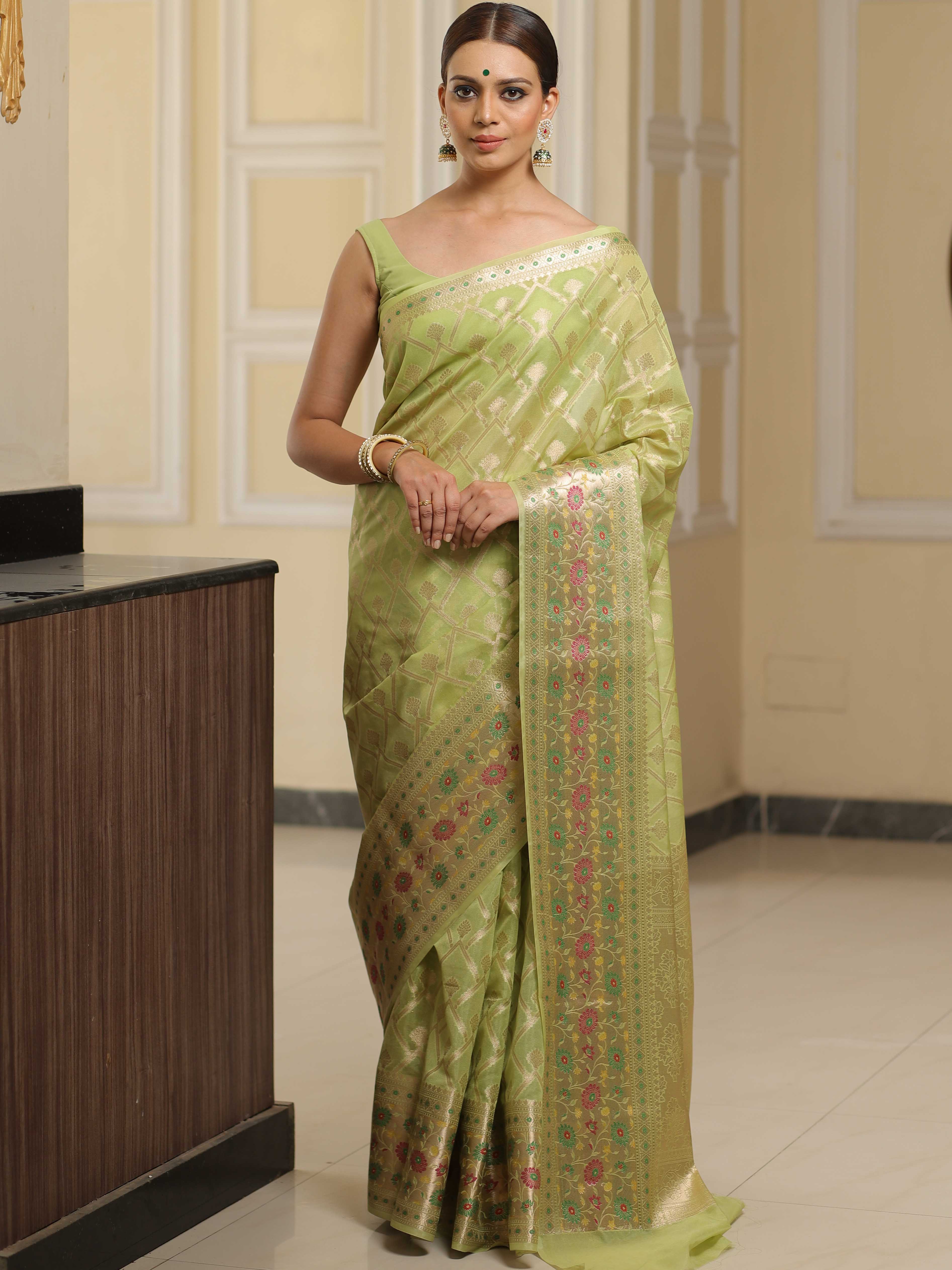 Banarasee Faux Georgette Saree With Gold Zari Jaal & Meena Border-Pastel Green