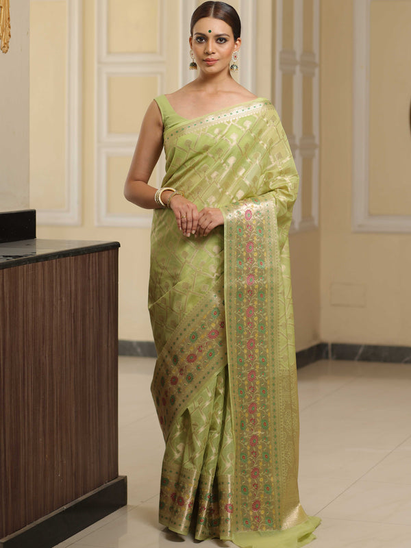 Banarasee Faux Georgette Saree With Gold Zari Jaal & Meena Border-Pastel Green