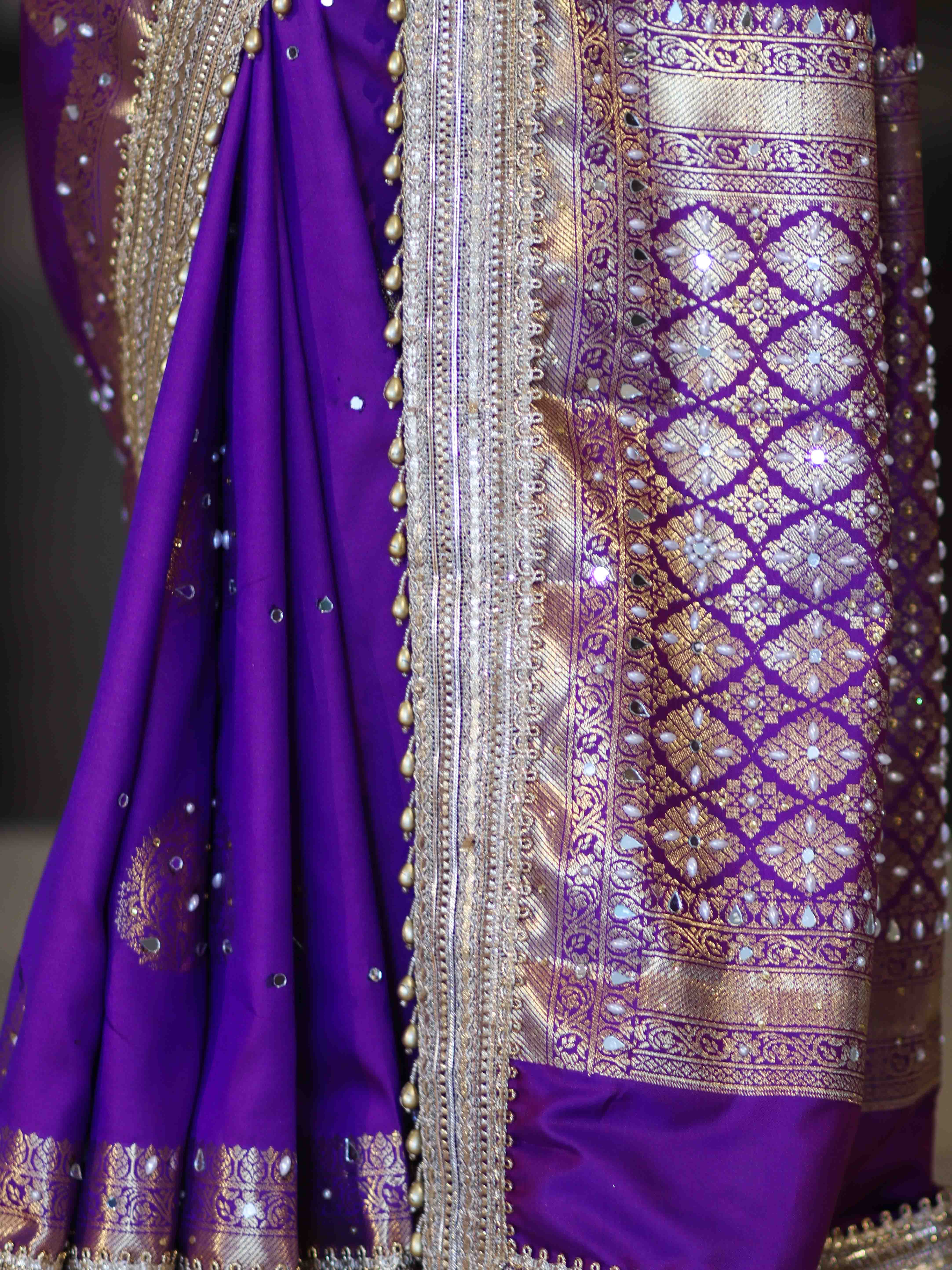 Banarasee Soft Silk Saree With Hand Embroidered Mirror Work Pearl Motifs & Zari Woven Design-Violet