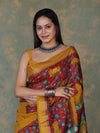 Bhagalpur Cotton Silk Ghichha Work Saree With Madhubani Print-Maroon & Mustard Yellow