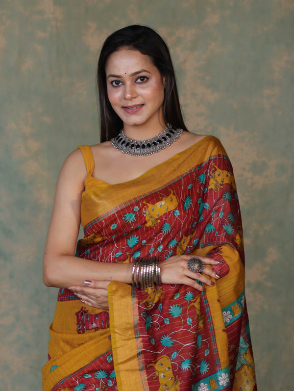 Bhagalpur Cotton Silk Ghichha Work Saree With Madhubani Print-Maroon & Mustard Yellow