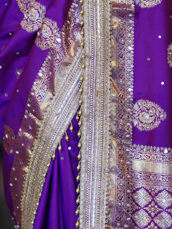 Banarasee Soft Silk Saree With Hand Embroidered Mirror Work Pearl Motifs & Zari Woven Design-Violet