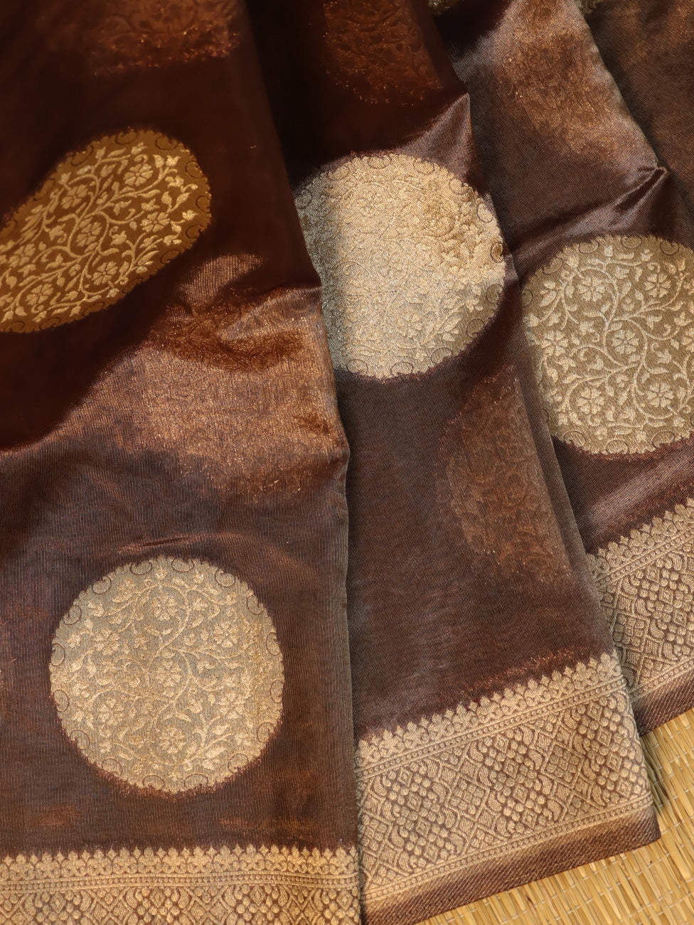 Banarasee Handwoven Tissue Saree With Buta Design-Brown