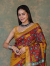 Bhagalpur Cotton Silk Ghichha Work Saree With Madhubani Print-Maroon & Mustard Yellow