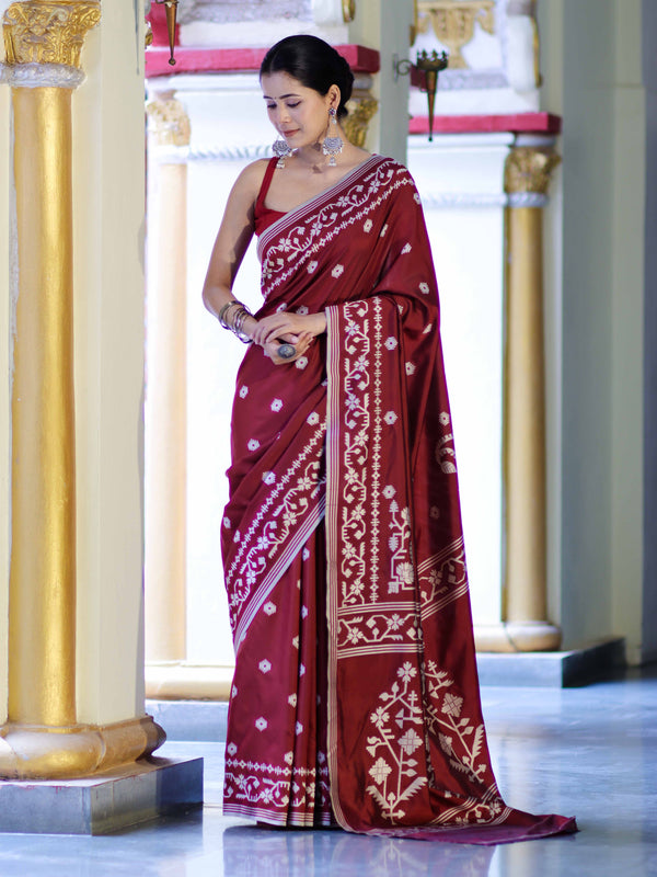 Banarasee Handloom Semi Silk Saree With Resham Geometric Design & Border-Deep Maroon