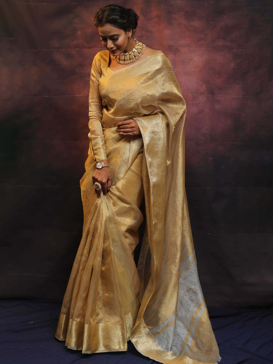 Red - Fine Tissue Zari Bengal Saree with Embroidered Blouse 04