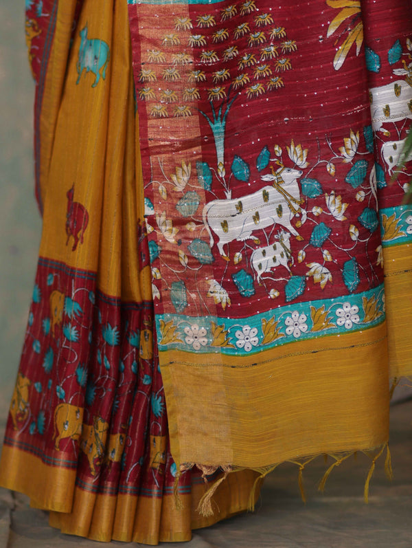 Bhagalpur Cotton Silk Ghichha Work Saree With Madhubani Print-Maroon & Mustard Yellow