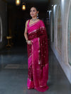 Banarasee Cotton Silk Kota Checks Saree With Buti Design & Contrast Border-Burgundy & Pink